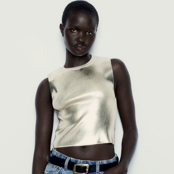 Zara | Metallic Gold Soft Knit Top - Picture 1 of 14